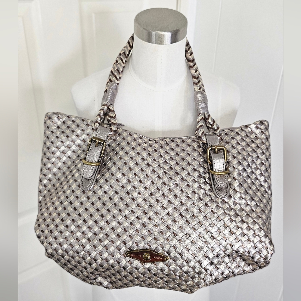 Elliott Lucca Metallic Silver/Brown/Gold Woven Leather Hobo Handbag Purse